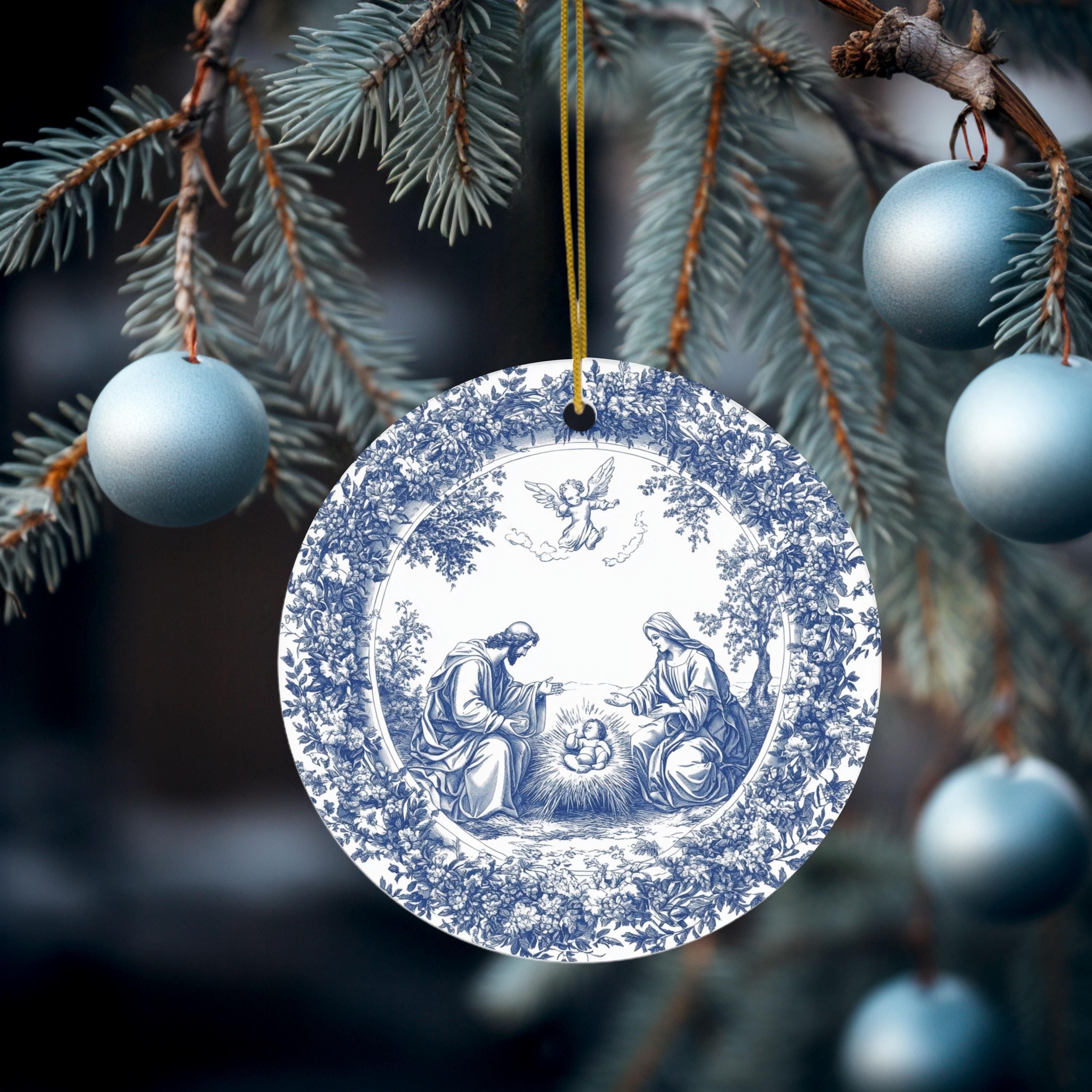 Christian Ornament, Nativity Blue Toile de Jouy Christmas Ornament, Ideas For Christmas Trees, Nativity of Jesus Ornament Ceramic Christmas Keepsake DCLAF17